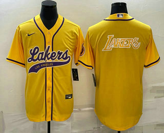 Mens Los Angeles Lakers Yellow Big Logo Cool Base Stitched Baseball Jersey
